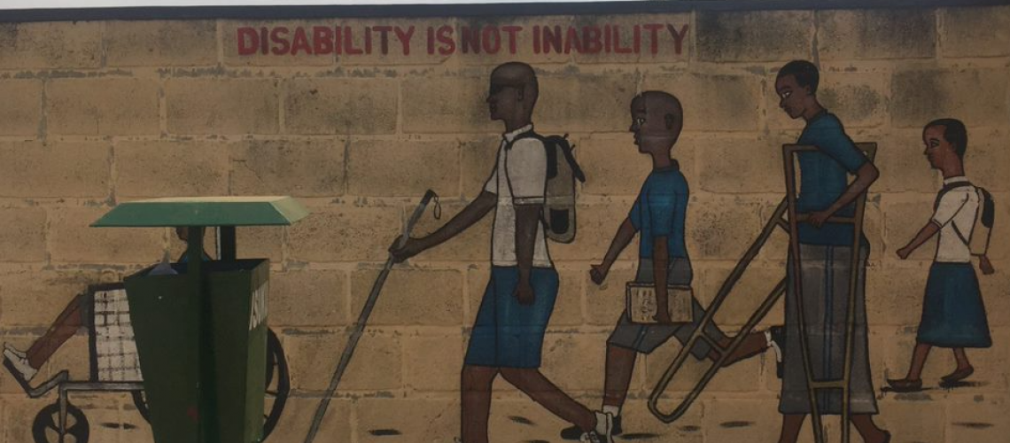5 students are heading to the left, the first using a tricycle, the second with dark glasses on and using a white cane, the third student without any visible disabilities or accessible device, the fourth using wooden crutches, and the fifth without any visible disability or using an accessible device
