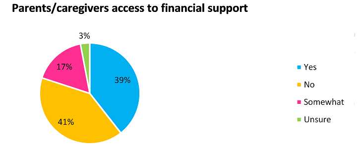 This graph shows parents access to financial support (from the survey respondents: Yes 39% ; No 41%; Somewhat 17%; Unsure: 3% .